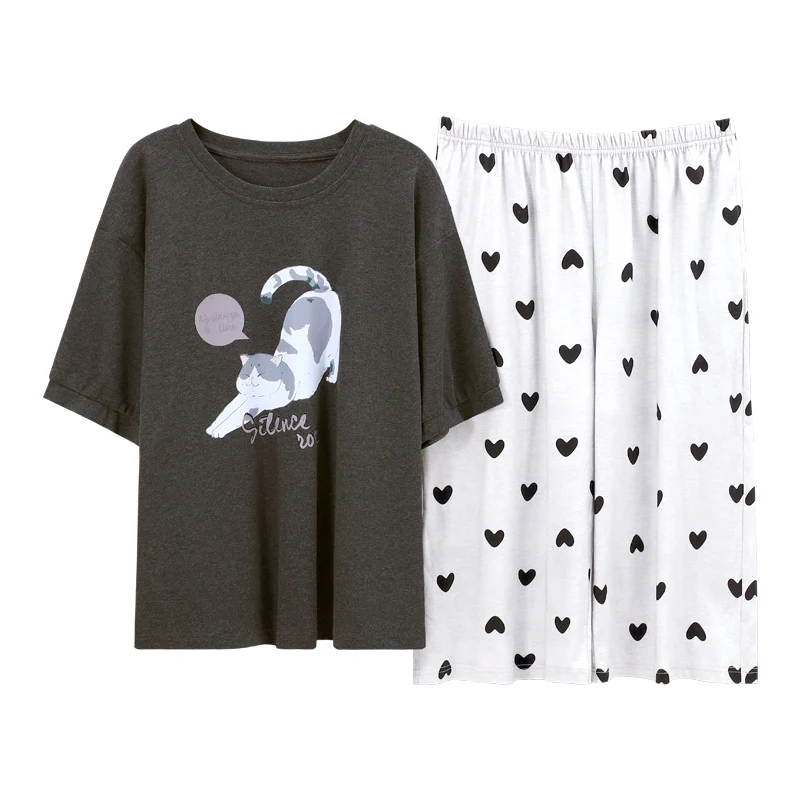 

Summer Knitted Cotton Kawaii Sleepy Cat Cartoon Pajamas Sets For Women Plus Size Calf-Length Pants Short Sleeve Outdoor Homewear