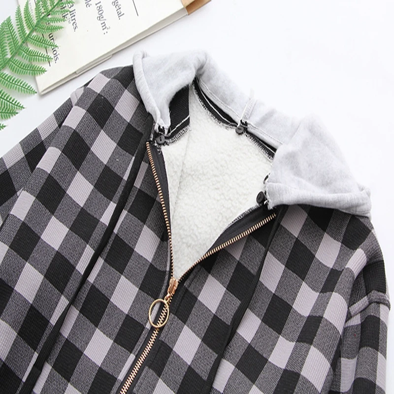

Autumn and winter plus size hoodie 6XL-9XL bust 144CM fashion women's pocket long sleeve zipper check thick casual hooded jacket