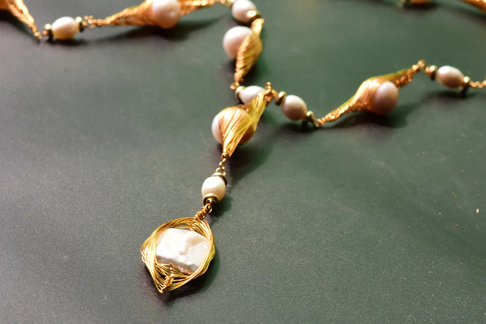 

GLSEEVO Handmade Natural White Baroque Pearl Custom Long Necklace Baby Girl Wedding Party Gifts For Women Luxury Jewelry GN0083