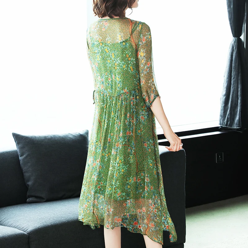 Летнее платье 100% из натурального шелка женская одежда бохо цветочные платья миди