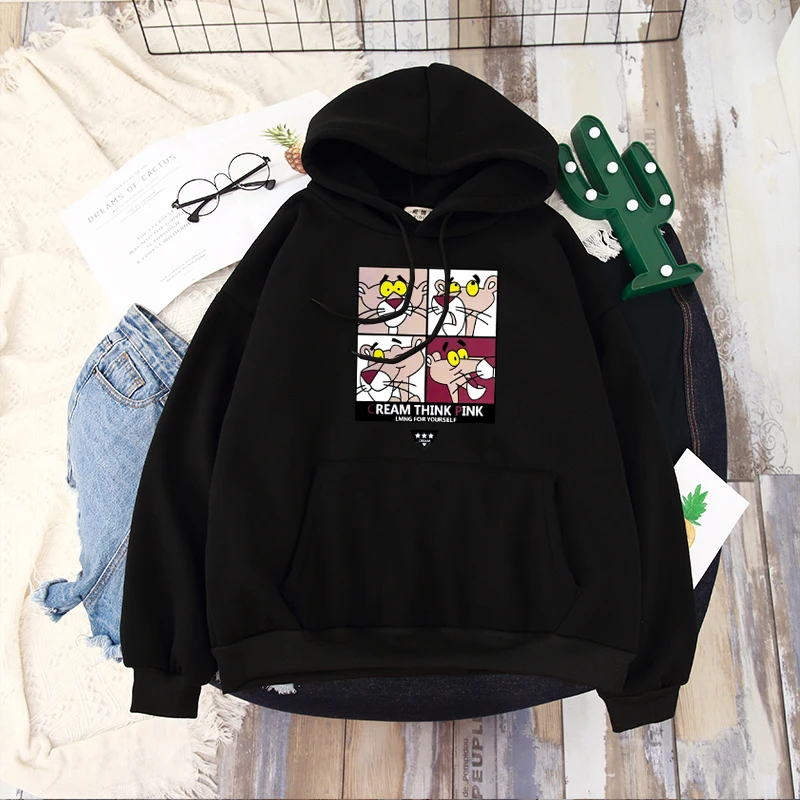 Black250 Shellsuning флисовые толстовки для женщин осень зима корейский BF Harajuku круглый вырез Kawaii Розовая пантера мультфильм печатных Ins пуловер - Цвет: Black250