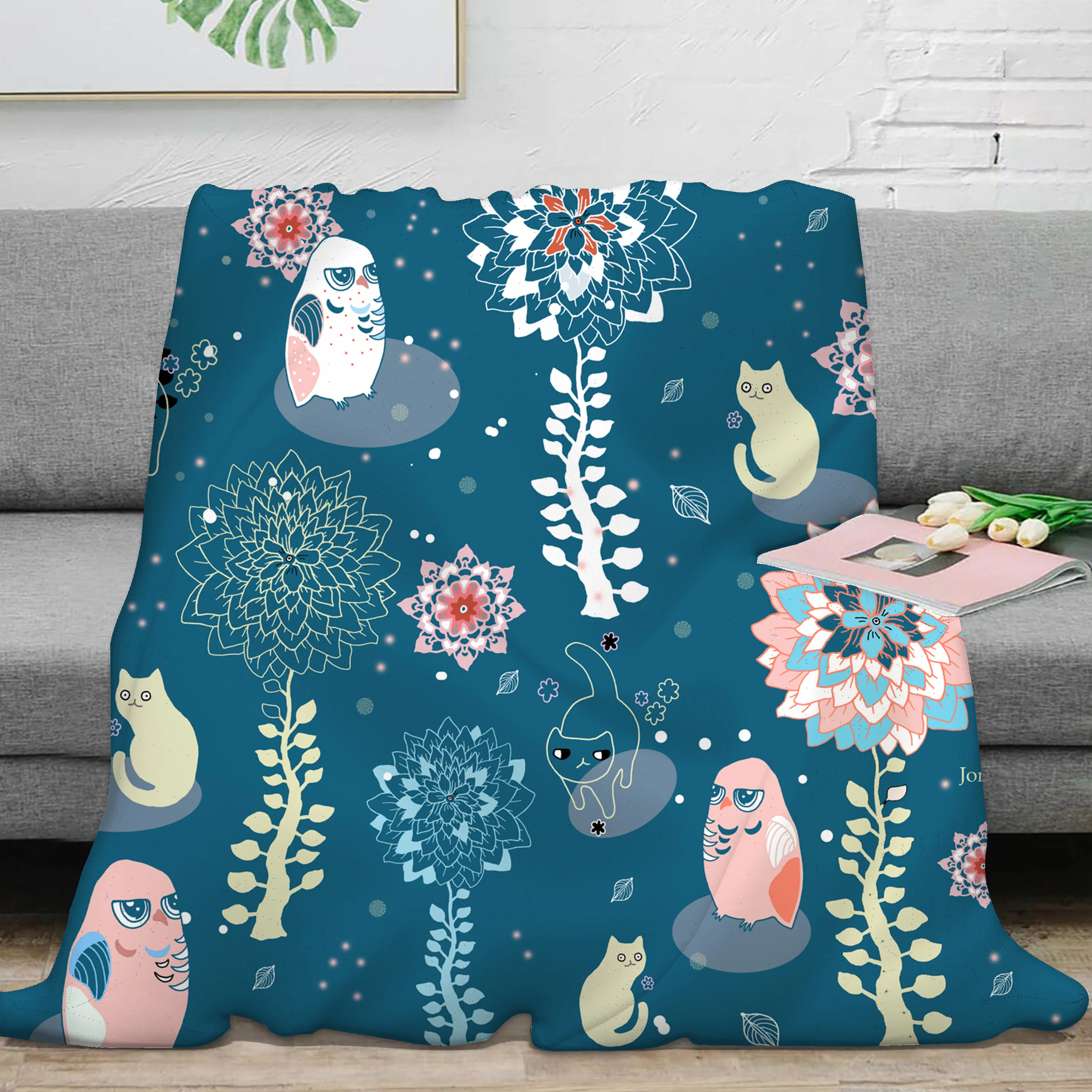 

Animal Cartoon Design Blankets Birds And Cats Throw Blanket Home Primitive Decor Throw Blanket for Sofa Free Shipping