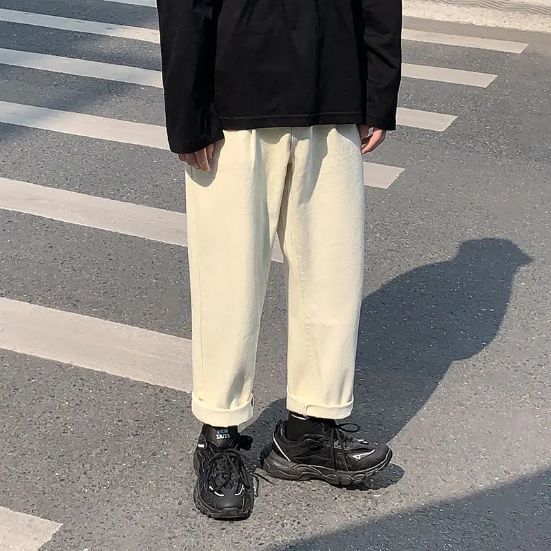 Cotton Wide-leg Jeans Men's Fashion Casual Solid Color Retro Jeans Men Streetwear Loose Hip-hop Straight Denim Pants Mens M-2XL