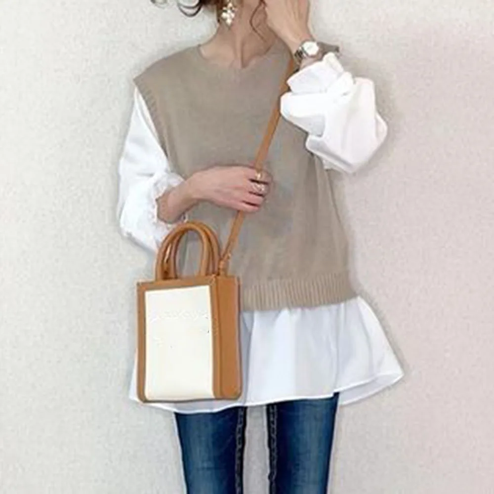 

Women Sweater 2021 Winter Korean Fashion Kahaki Color Block Patchwork O-Neck Knitting Tops Pullover Female OL Vintage Sweaters