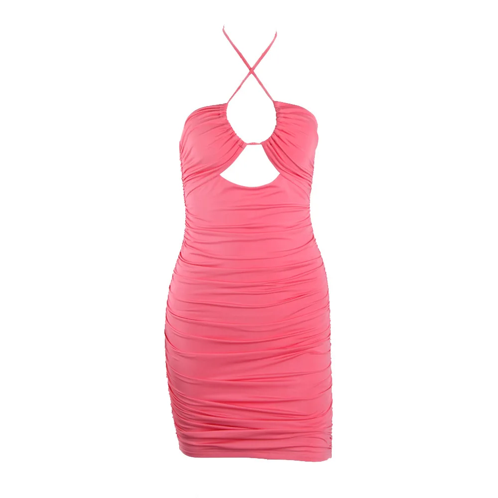 

Women Fashion Elegant Mini Dress Sling Halter Solid Color Folds Slim Sheath Sleeveless Package Hips Backless Vestidos Feminino