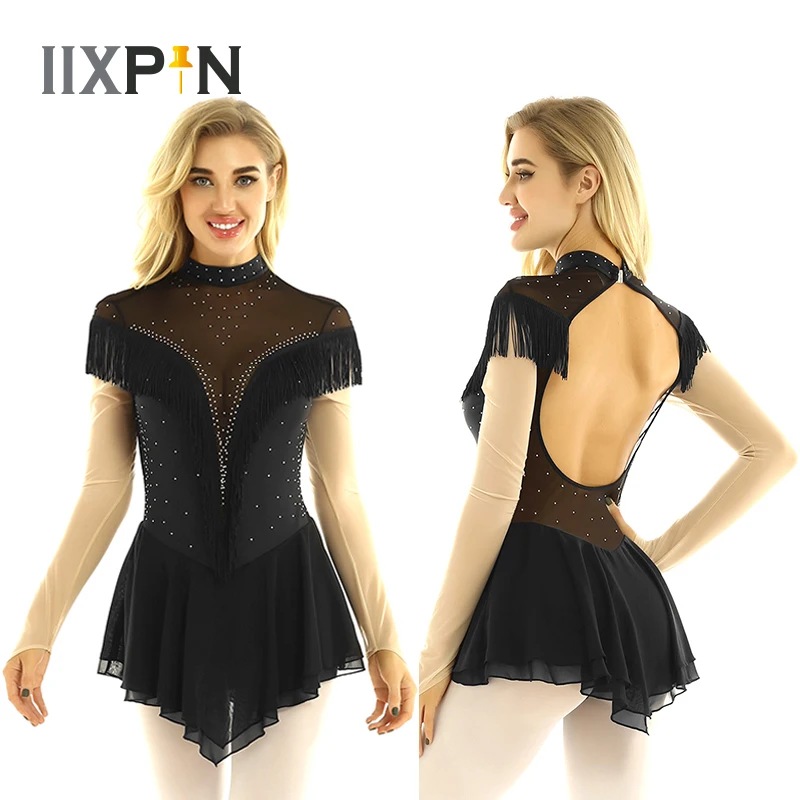 

Платье для фигурного катания, классическое блестящее платье с длинным рукавом и открытой спиной, трико с кисточками, женский профессиональ...