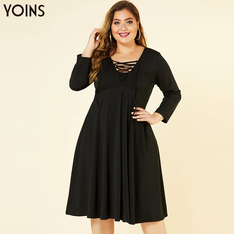 YOINS Classy Black Plus Size Lace Up V Neck Solid Dress 2020 Women Autumn Winter Office Lady Basics Long Sleeve Midi Dresses | Женская