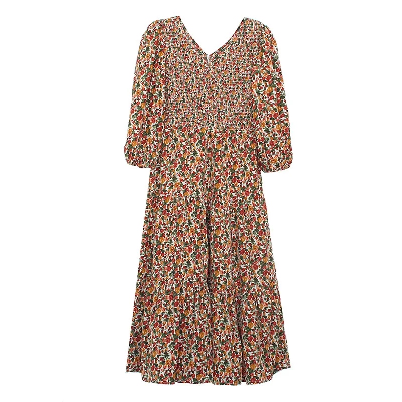 

Floral Print Dress Female Summer V-Neck Lantern Sleeve French Retro High Waist Swing Mid-Calf Casual Woman Dress