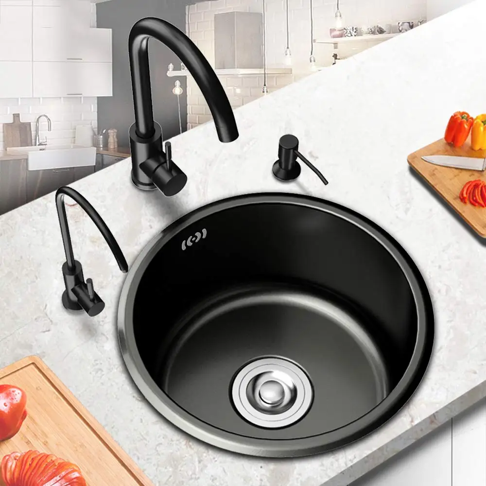 

AE02AC-0010 kitchen stainless steel black sink set round thick handmade single-slot bar counter small sink under counter basin