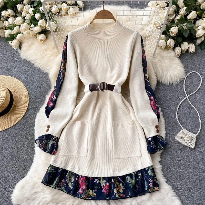 

Женское трикотажное платье-свитер с цветочным принтом, на осень/зиму