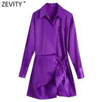 zevity new women sweet bow tied design solid soft satin slim dress female chic long sleeve pocket kimono a line vestidos ds9196