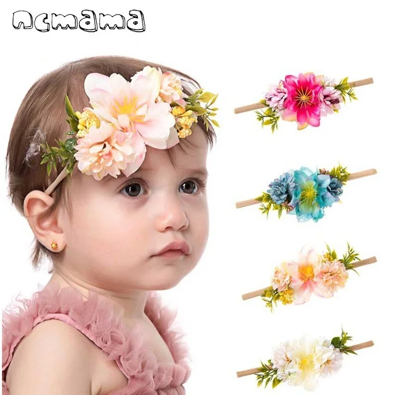 

ncmama Summer Flower Crown Headband Kids Soft Nylon Elastic Hairbands Bohemian Wreath Head Bands Baby Girl Hair Accessories