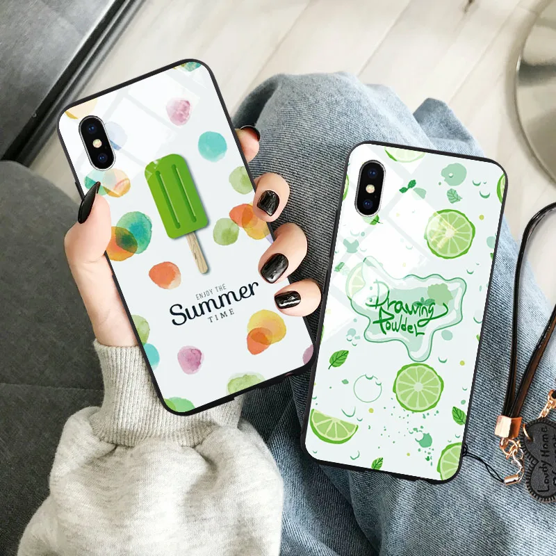 Case For iPhone 5 6 6s 7 8 Plus X XR XS Max Summer Fruits Tempered Glass Cover Ice Cream Patterned Girls Phone Back Cases |