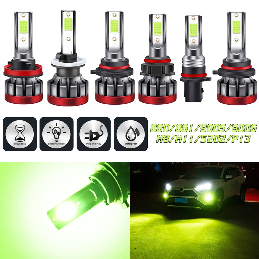

2pcs 100W Lemon Green LED Fog Light Bulbs H8 H9 H11 880 881 5202 9006 HB4 9005 HB3 DRL Car Daytime Running Light for Cars SUV