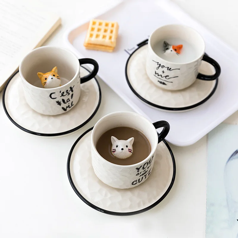 

Керамическая кофейная кружка с подносом, 3D кошачьи чашки для молока и чая, фарфоровая кофейная чашка с ручкой, новинка, семейный завтрак, рож...