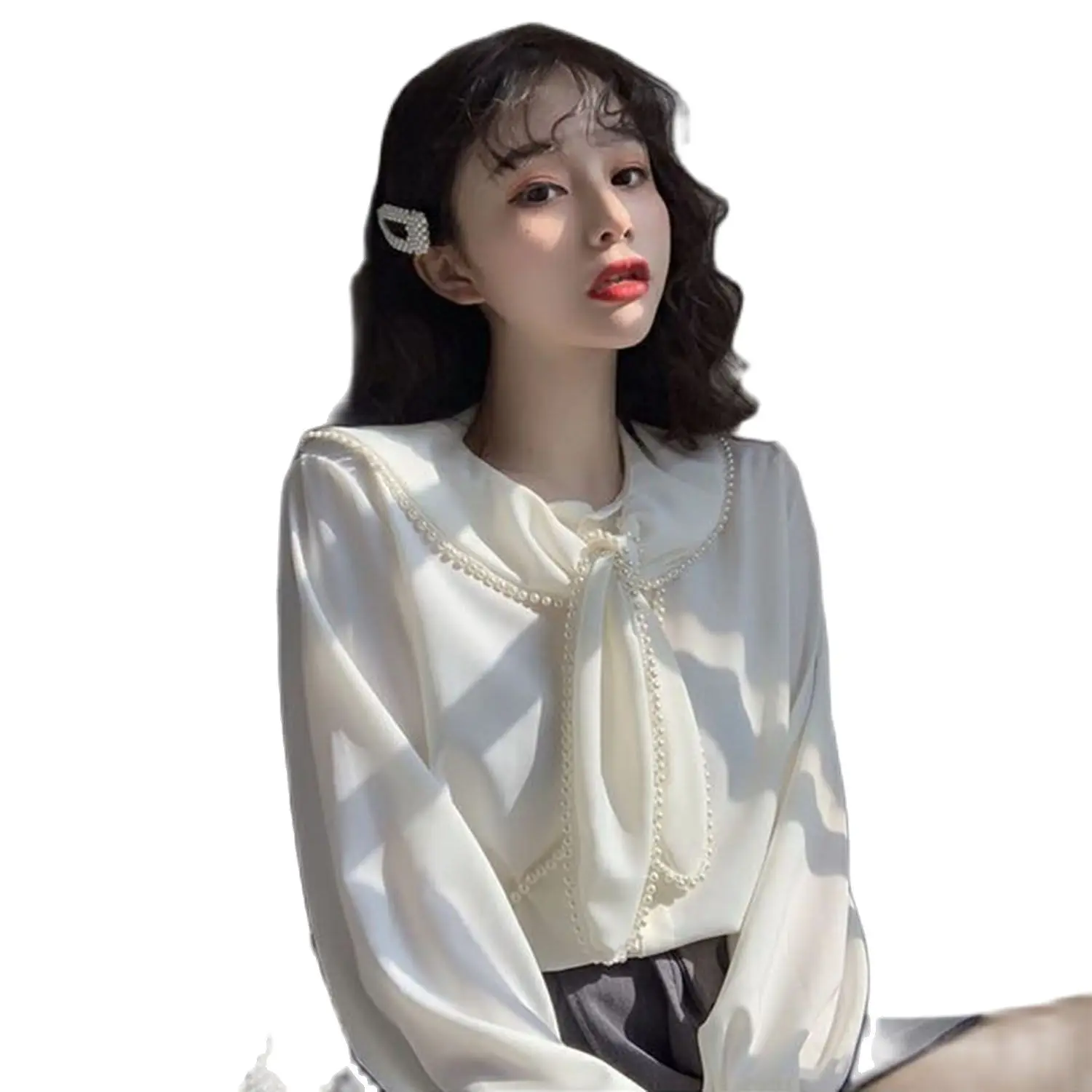 

Harajuku Kawaii Beading Blouses Shirts for Women Korean Fashion Long Sleeve Oversized Collar Tops Clothes 2021