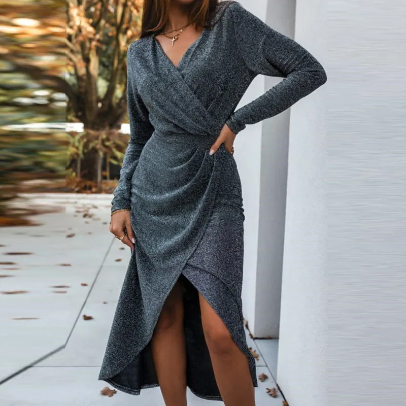 

Женское асимметричное платье-пуловер, длинное Привлекательное платье с V-образным вырезом и разрезом, Осень-зима 2021