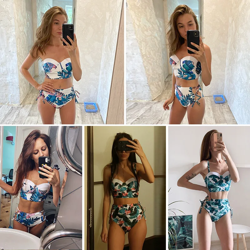 

High Waist Swimwear 2021 New Leaf Print Bikinis Women Swimsuit Vintage Retro Bathing Suit Halter Biquini Maillot de bain femme