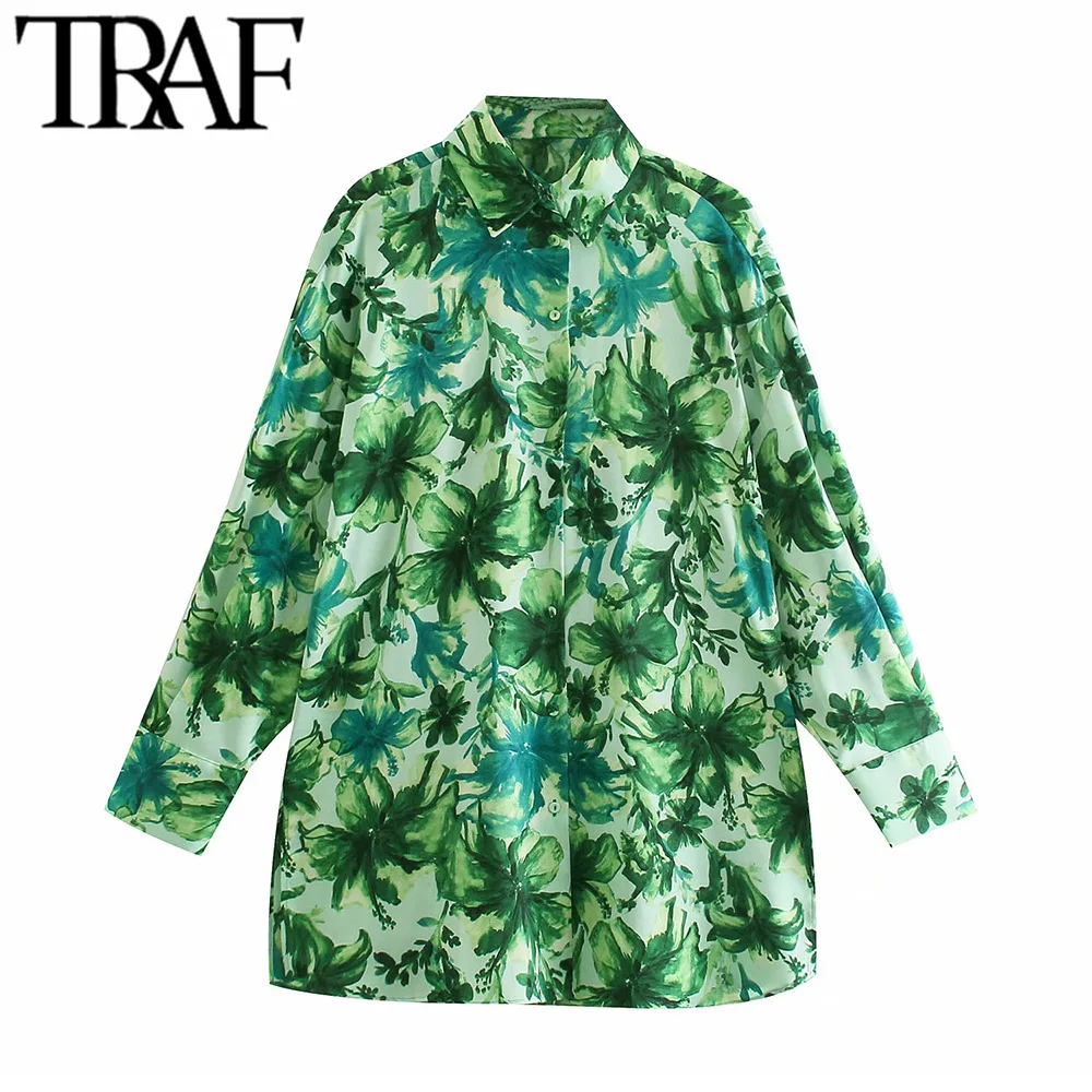 

TRAF Женская мода негабаритные тропическим принтом Блузки в винтажном стиле, с длинным рукавом на пуговицах, со шнуровкой Женская обувь рубаш...