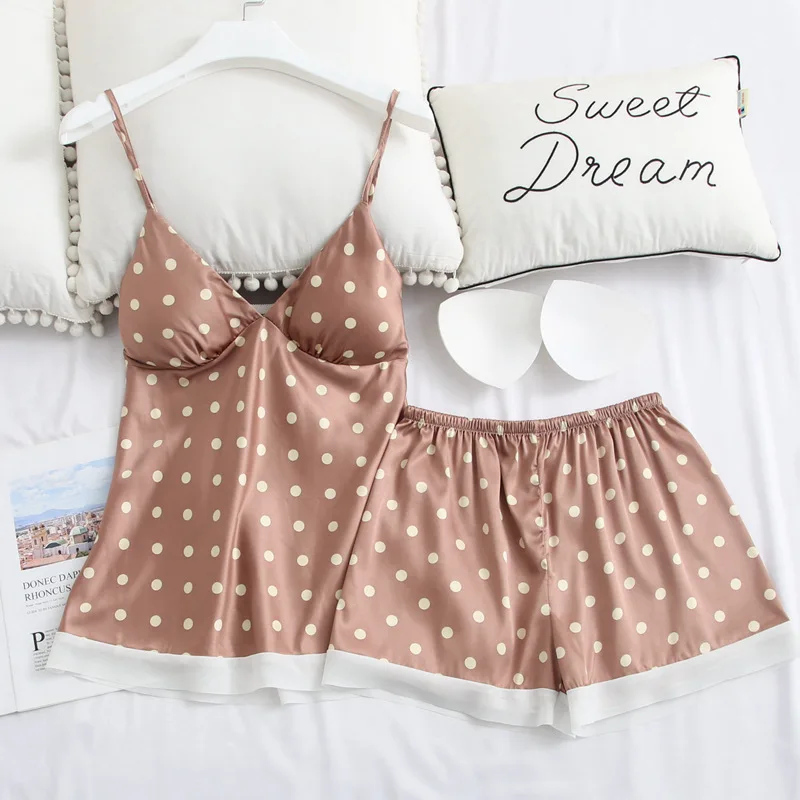 

Female Khaki Polka Dot 2PC Pajamas Set Sexy V-Neck Backless Strap Top&Shorts Sleepwear Rayon Nightwear Summer Home Clothes