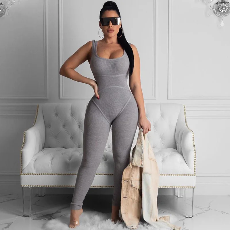 

Sexy Low-Meck Solid Color Women's Jumpsuit Fitness Female Sportswear Rompers Summer Sleeveless 2020 Casual Women Jumpsuit