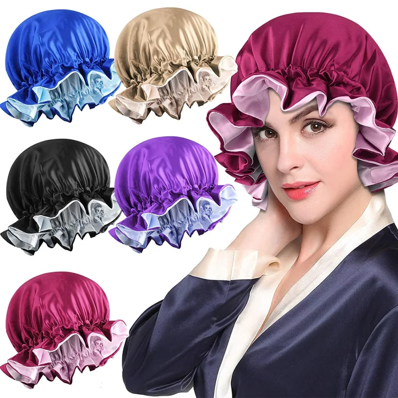 

New Large Satin Silky Bonnet Sleep Cap with Premium Elastic Band For Women Head Wrap big lace night cap large round cap perm