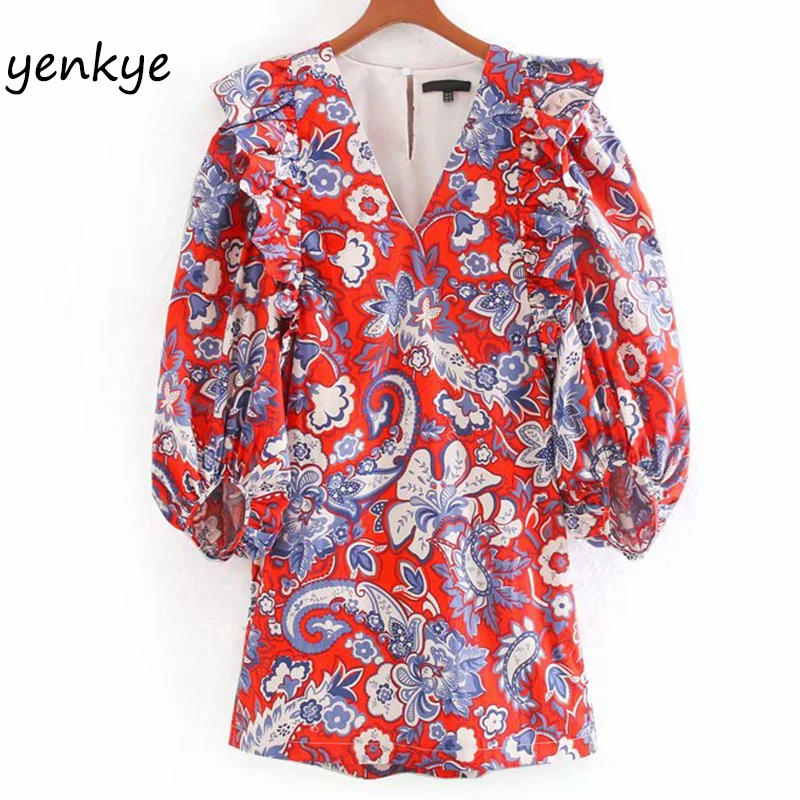 Женское винтажное мини платье с цветочным принтом V образным вырезом и рукавами