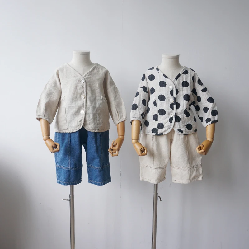 Kids Boys Girls Cotton Linen Solid Polka Dot Cardigan Korea Style Loose Casual Autumn/spring Outwear Coat | Детская одежда и обувь