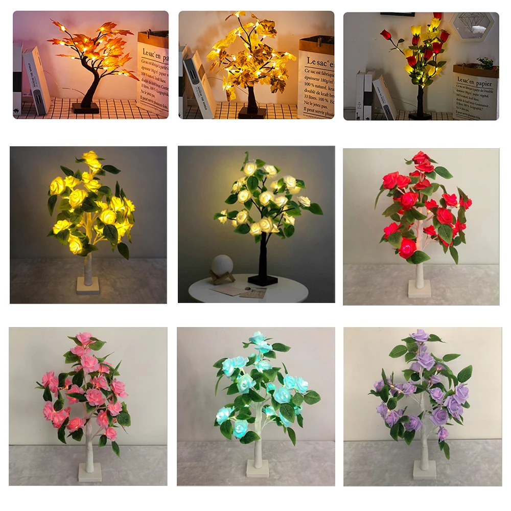 

LED Table Lamp Night Light 5V USB Battery Power Rose Flower Tree Maple Leaf Ginkgo Lights Christmas Wedding Bedroom Decoration