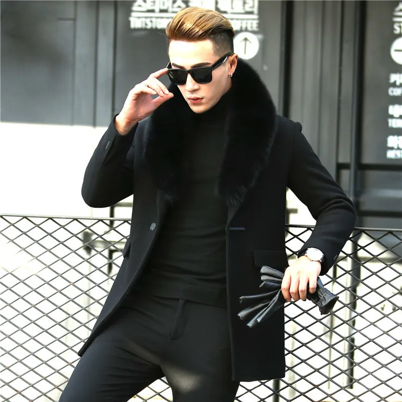 Осенне-зимнее шерстяное мужское пальто с воротником из натурального Лисьего