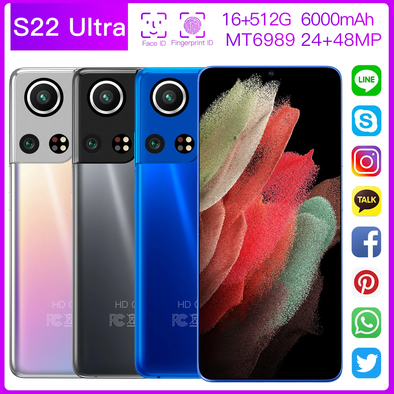 

Global Version S22 Ultra 5G Smart Camera Phone 16GB+512GB GPS Global Positioning System Android 10.0 6000mAh 24MP+48MP Phone