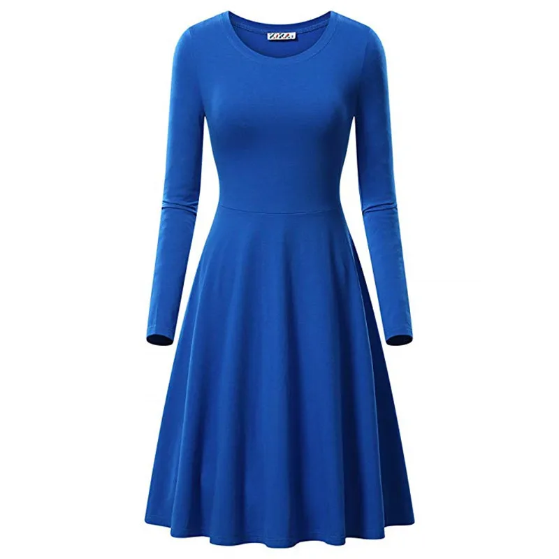 

S-3XL Casual Solid Woman Dress O-Neck Long Sleeve Spring Autumn Midi Woman Dresses Plus Size V
