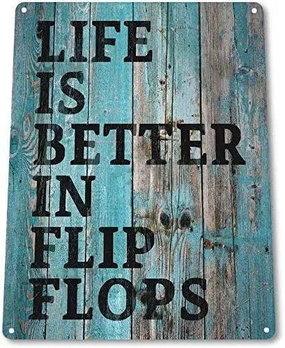 

Metal Tin Sign Life Is Better In Flip Flops Swimming Pool Art Poster Wall Decoration Retro Square Poster Metal Sign 8X12 Inches