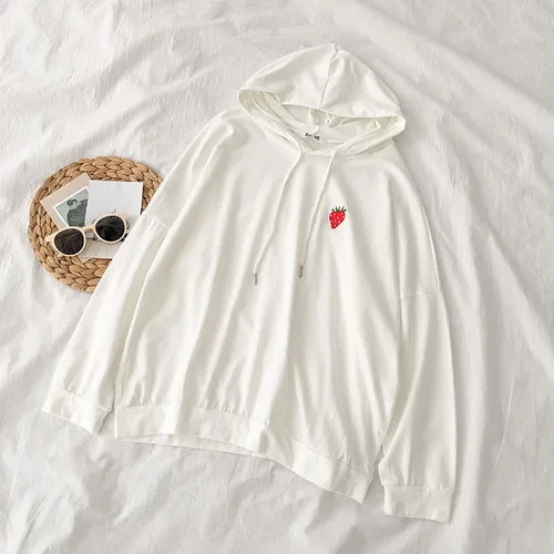 White Strawberry Худи толстовки в Корейском стиле с фруктами авокадо, женский зеленый милый пуловер Insta, Горячая Вышивка, топ с длинными рукавами, наряд - Цвет: White Strawberry