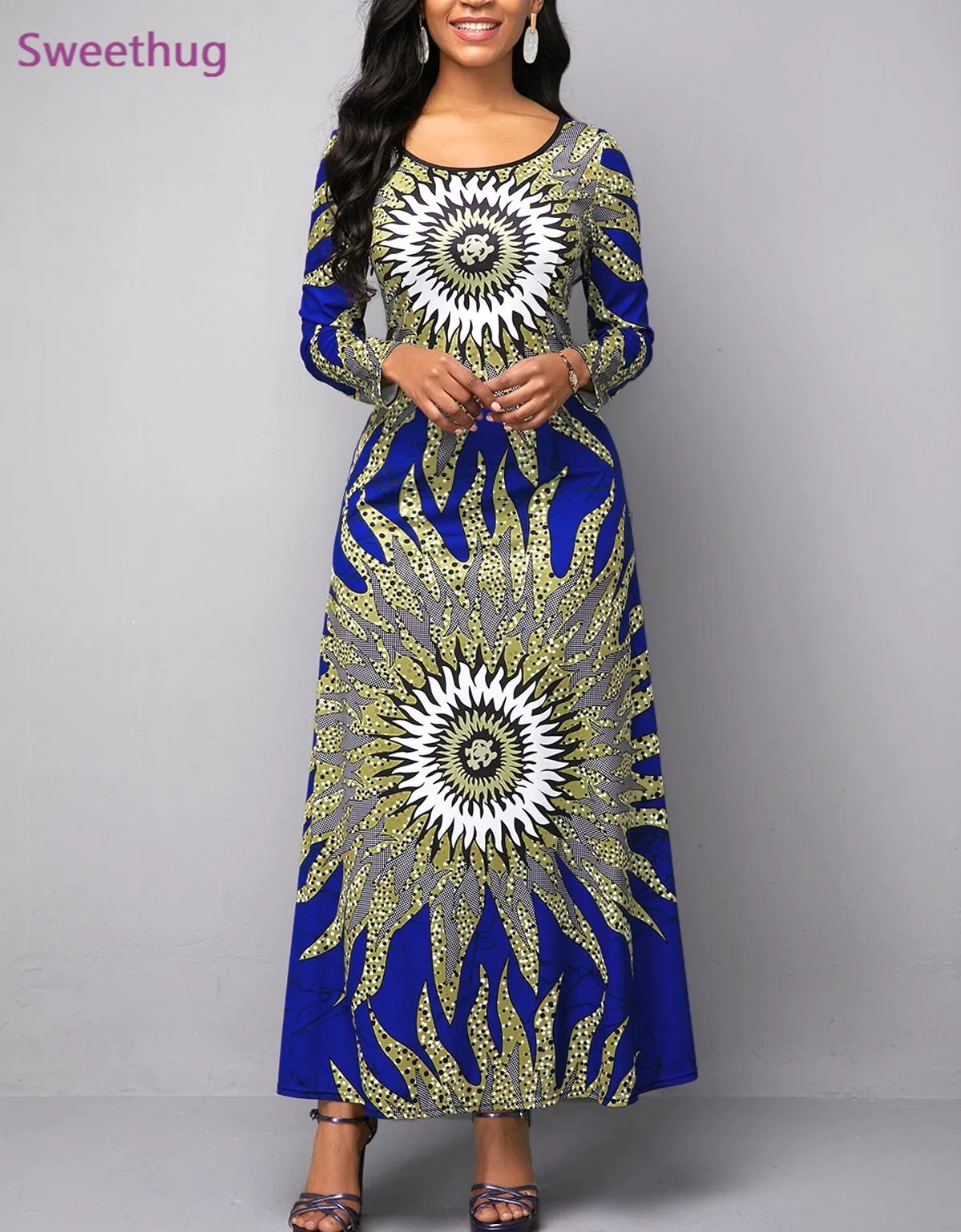 Женское платье с цветочным принтом, 2021, африканские платья для женщин, длинные платья макси с длинным рукавом и круглым вырезом, Повседневно...