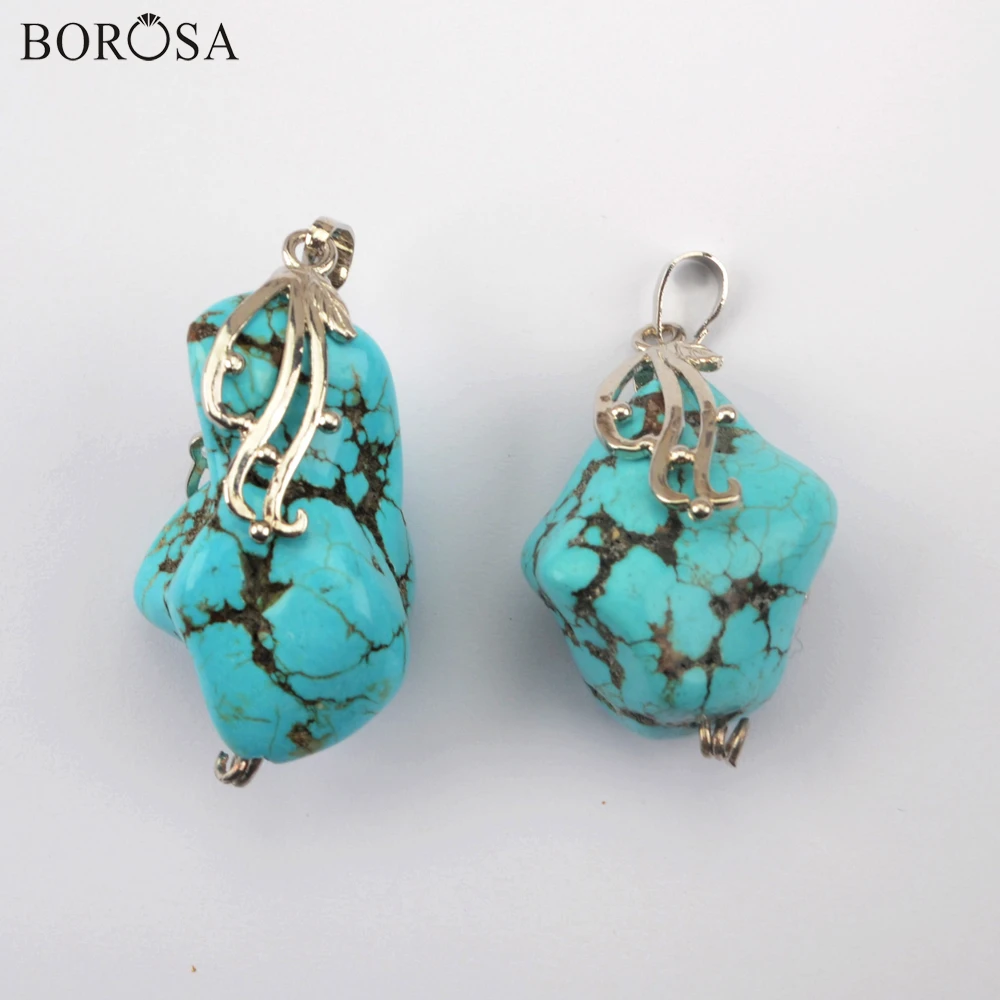 

BOROSA Freeform Blue Howlite Necklace Pendant 26inch Turquoises Silver Color Necklace Jewelry for Women Men Long Necklace WX1361