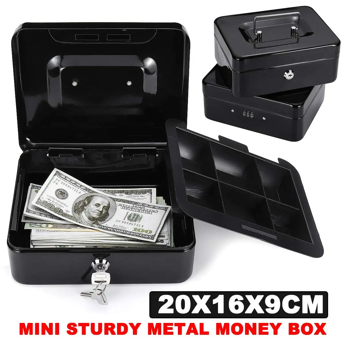 

High Quality 6" Size S Portable Money Safe Box Cash Box With 2 Keys And Tray Lockable Security Safe Box Durable Steel code case