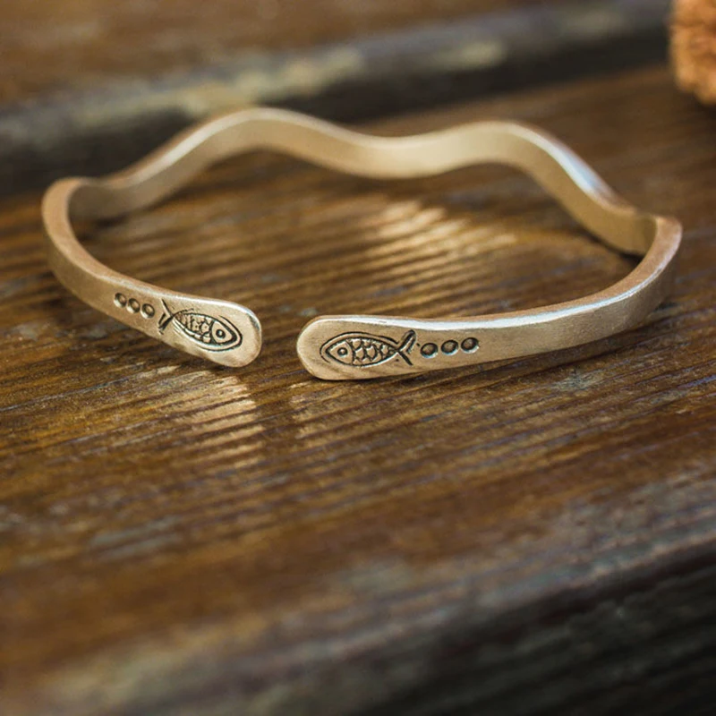 

New Thailand Chiang Mai Handmade Men And Women Silver Bracelet Retro Carved Fish Adjustable Bracelet Jewelry Accessories
