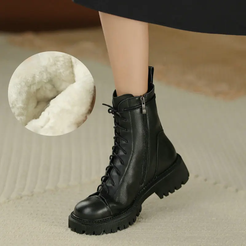 

Russia Winter Genuine Leather Women Wool Fur Warm Snow Boots Zippe Platform Black Beige Motorcycle Boots Shoes