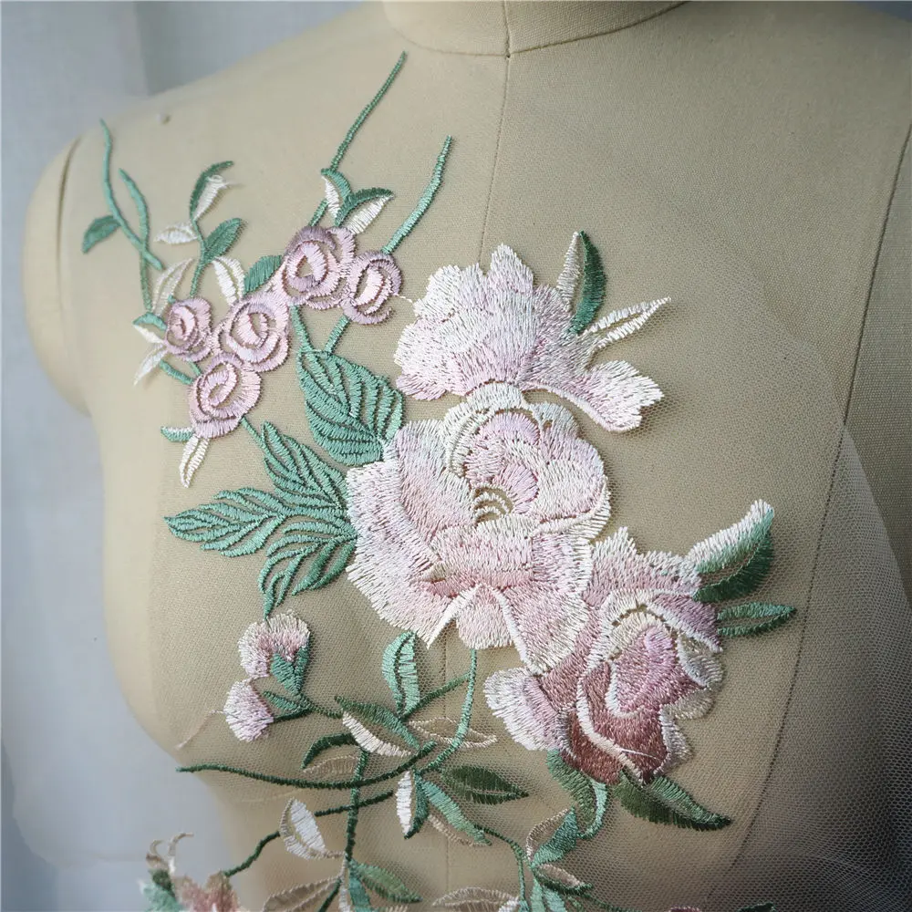 Зеленая вышитая Цветочная аппликация кружевная ткань отделка воротника сетка