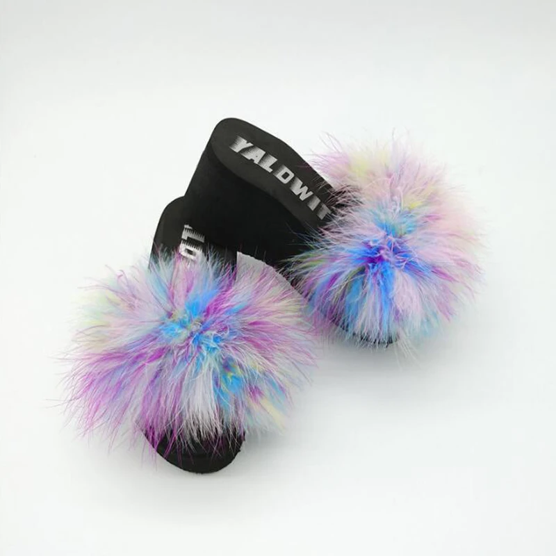 

Fox hair Slippers Women Fur Home Fluffy Summer beach flip flops Plush Furry platform shoes Sweet Ladies Shoes Pantufas b78