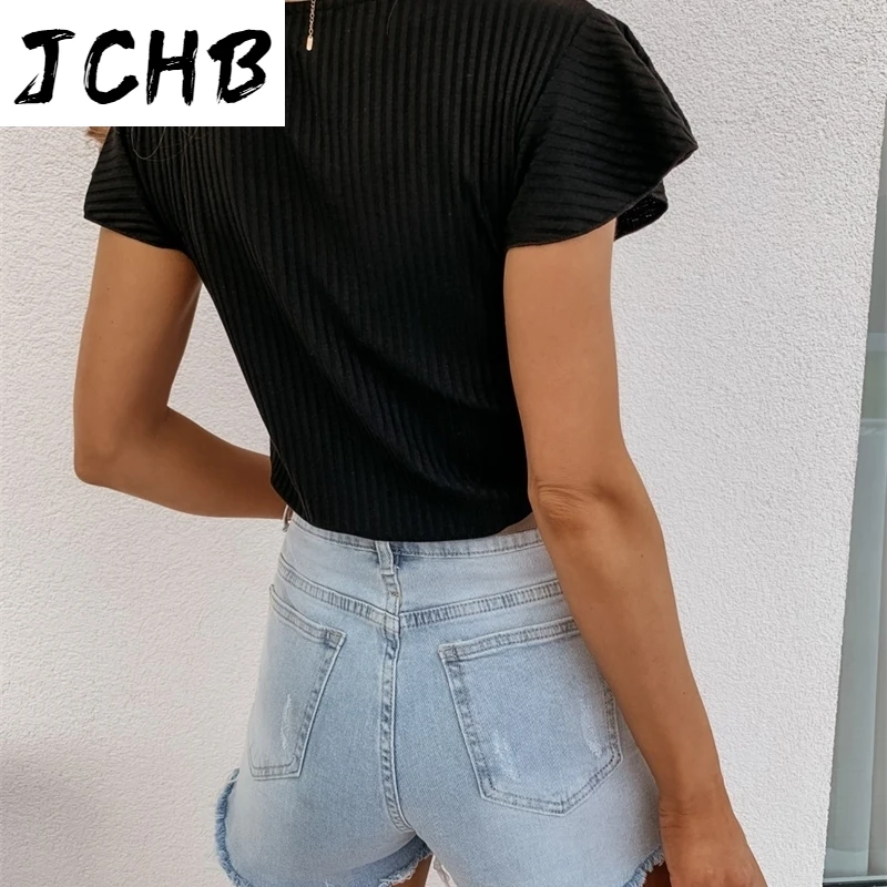 

Thin Women Rib Knit White T Shirt Button Ruffle Short Sleeve Pullover Tops 2021 Summer Solid Casual O Neck Slim Female Tee Shirt