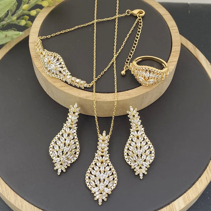

Lanyika Fashion Jewelry Set Gorgeous Leaf Zirconia Pave Necklace with Earrings, Bracelet and Ring for Woman Banquet Gifts
