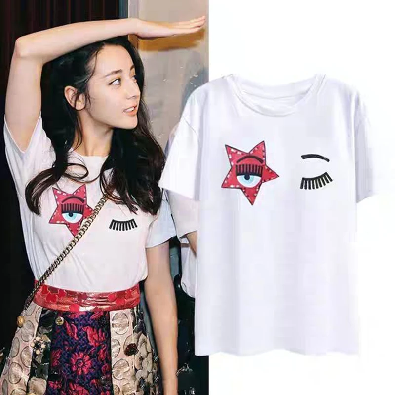 Футболка женская с вышивкой глаза белая в стиле Харадзюку летний топ новинка 2020