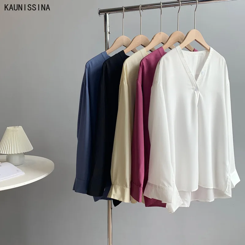

Womens Tops And Blouses Autumn Solid Color Button V-neck Blouse Female Loose Chic Shirt Ladies Spring Casual Shirts Clothes