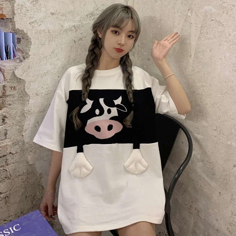 Японская одежда с принтом милой коровы Футболка короткими рукавами для женщин