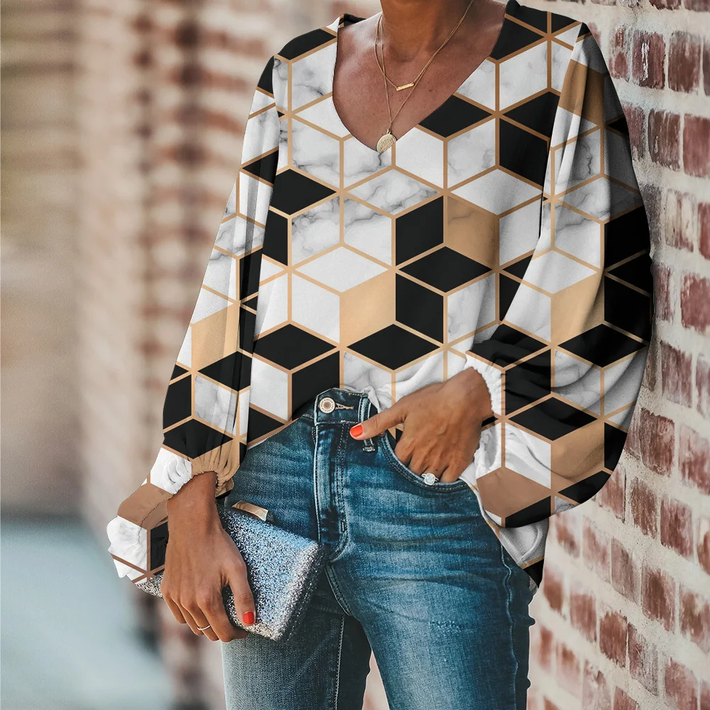 

FORUDESIGNS/Геометрические мраморные 3D принты, женские топы, блузка с длинным рукавом, рубашка, роскошная, с каменной текстурой, мягкого размера п...