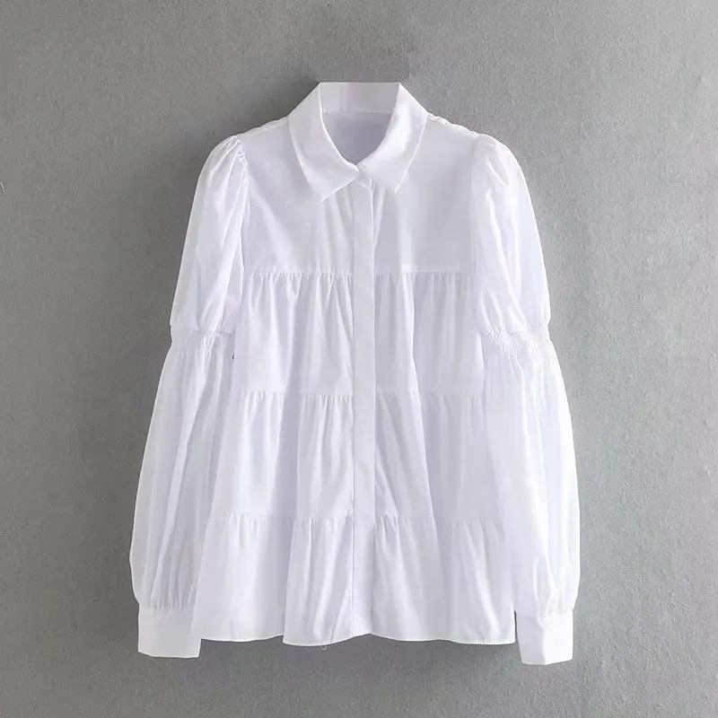 Женская однобортная рубашка ZA белая однотонная со складками и отложным