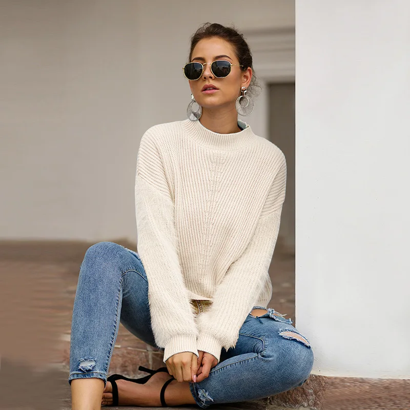 Fitshinling Hairy Long Sleeve Sweaters Women Winter 2019 Turtleneck Pullover Knitwear Slim Jumper Fashion Patchwork Pull Femme | Женская