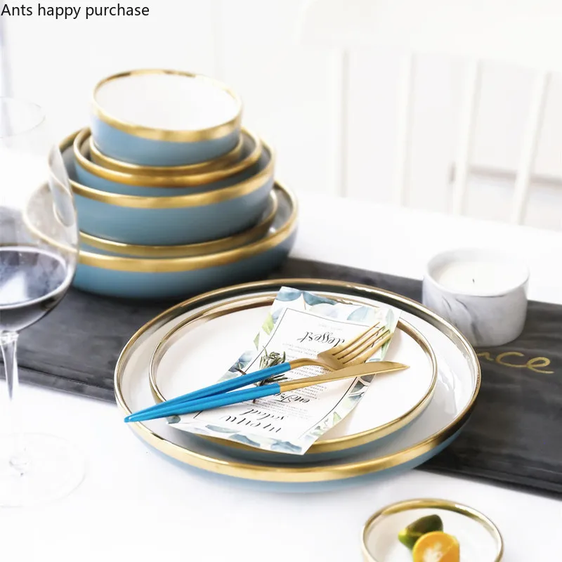 Скандинавский синий CeramicsGolden Rim посуда и тарелки наборы посуды тарелка лапша суповая чаша Западная еда стейк обеденная посуда тарелки